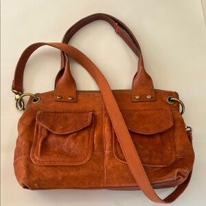 Fossil Vintage Leather Satchel Tote Shoulder Bag Brown Orange Distressed